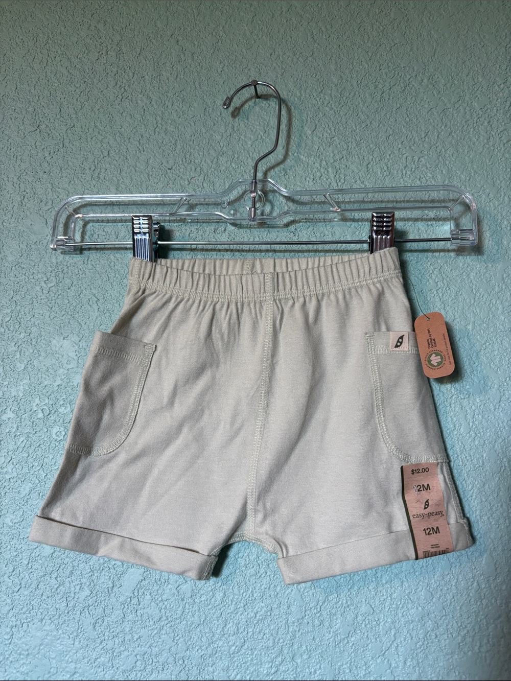 🆕 Easy-Peasy Soft Green Organic Cotton Baby Shorts with Pockets, 12 mos - NWT